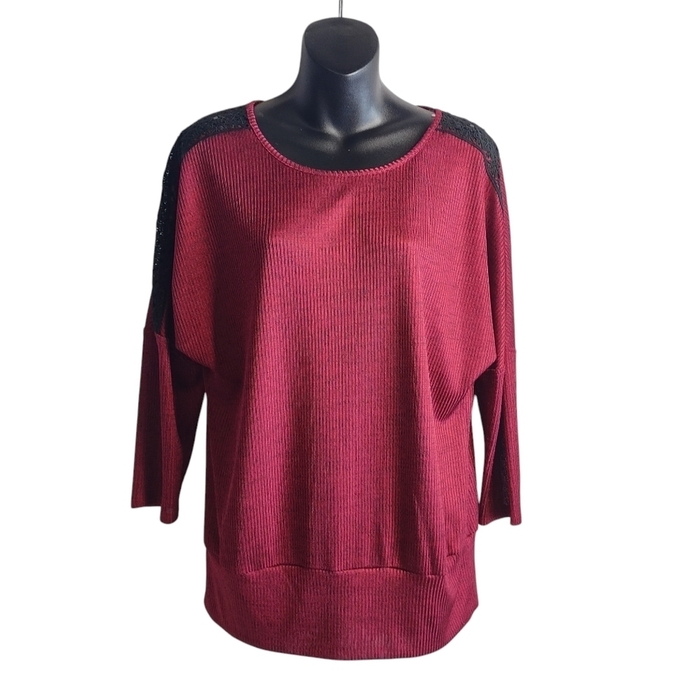 Alyx Blouse Women's Maroon Lace Trimmed 3/4 Sleeve Top Blouse Size Large